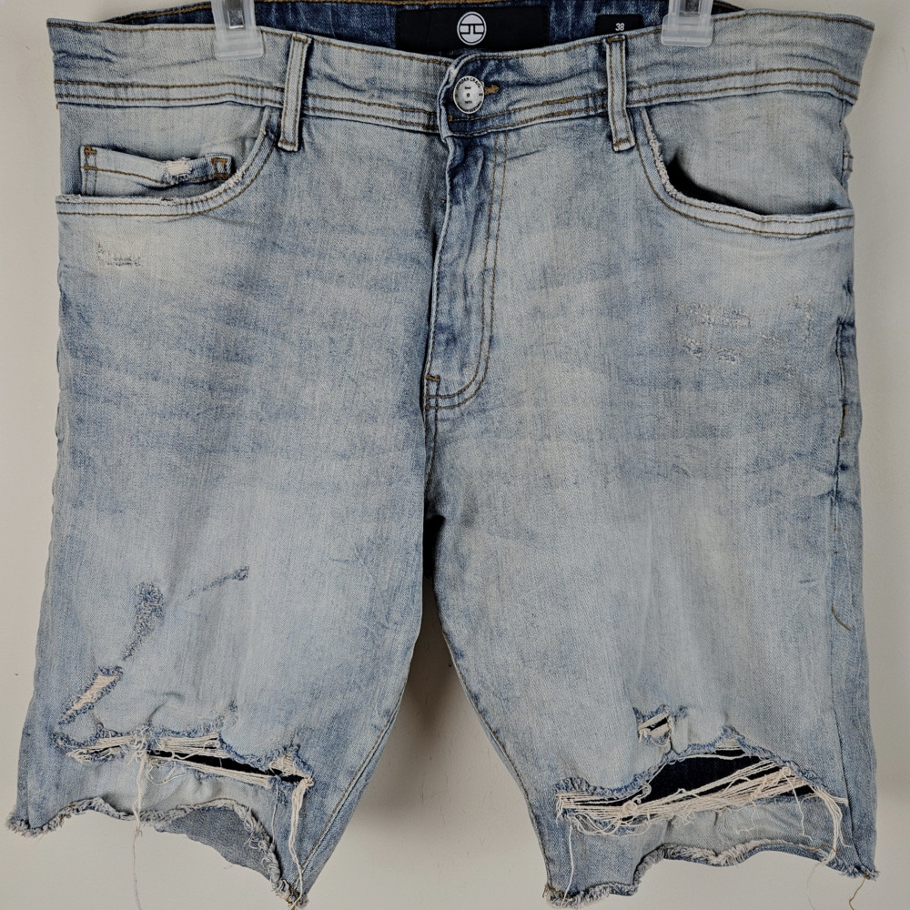 Jordan Craig Jean Shorts Size 38 blue ripped distressed stretch holes cut offs